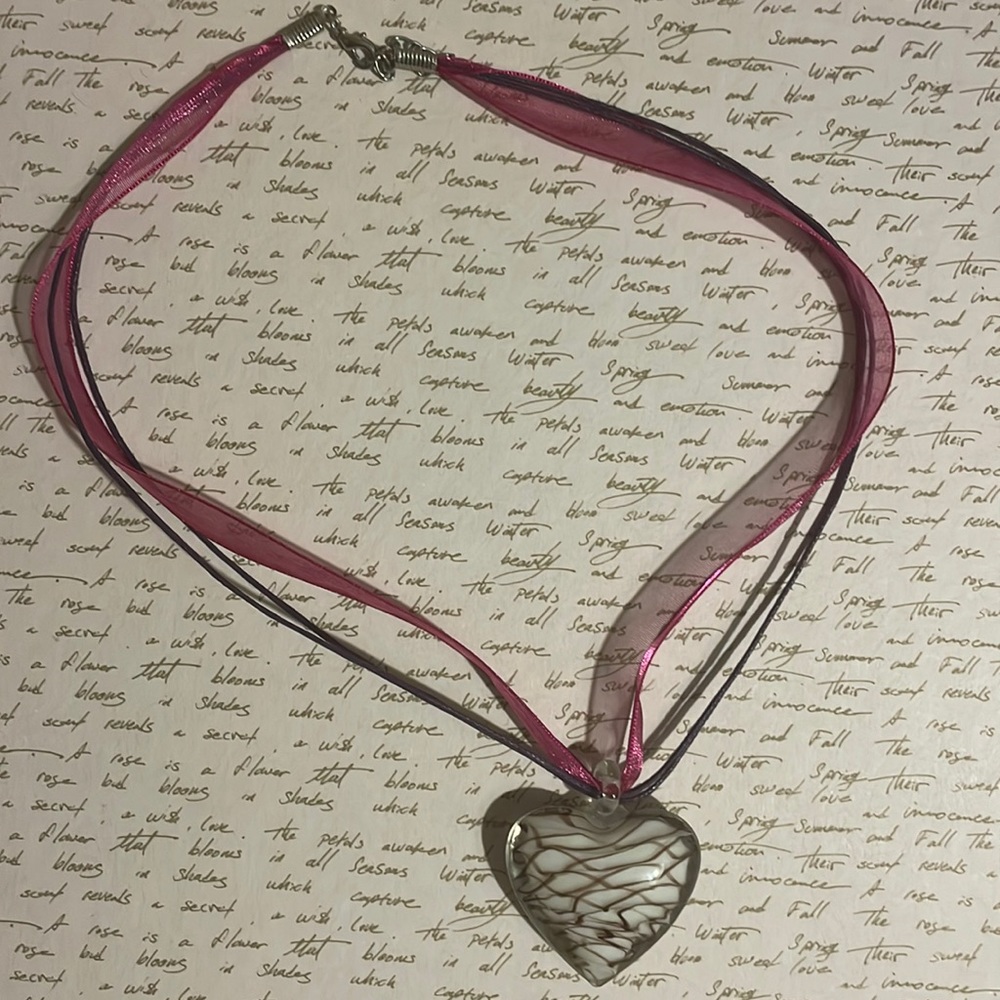 Murano Glass Heart Necklace With Ribbon Chain
